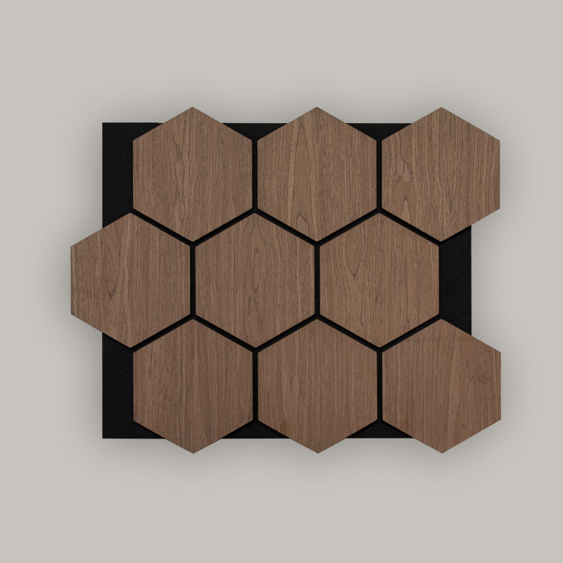 Dinding Kisi/Panel Dinding Akustik Heksagonal (Dibungkus Veneer Kayu Rekayasa) - Finishing Serat Kayu 693mm x 567mm